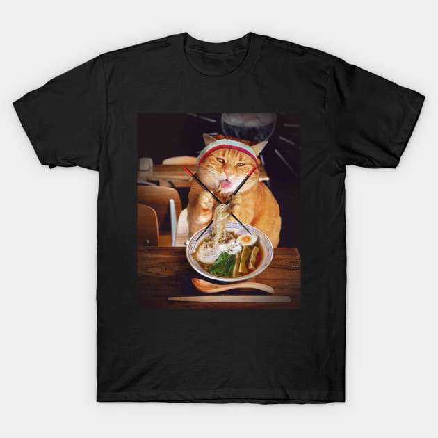 Funny Cat Eating Ramen Noodles T-Shirt by Random Galaxy